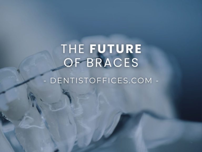 Title Image for blog on the future of braces. The background logo is a image of a set of teeth with 3d printed braces.